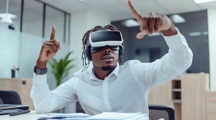 A man wearing virtual reality headset in an office environment