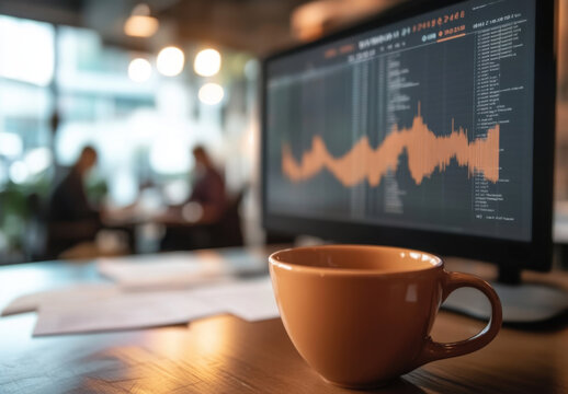 A digital display showcases financial data trends in a contemporary office setting. Nearby, a cup rests on a wooden table, hinting at a productive discussion among colleagues