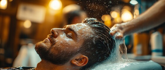 Man getting hair care at a beauty salon, great image for hair health blogs, advertising beauty treatments or self-care articles.