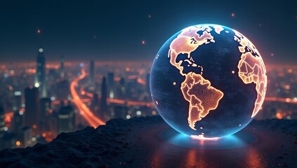 A digital illustration of a translucent Earth globe with continents outlined in glowing dots, overlaid with a panoramic view of a cyberpunk city skyline, all set against a backdrop of abstract light p