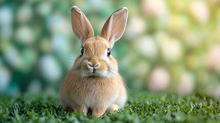 Fototapeta premium Cute brown bunny resting on green grass under soft lighting in a serene outdoor setting during the afternoon