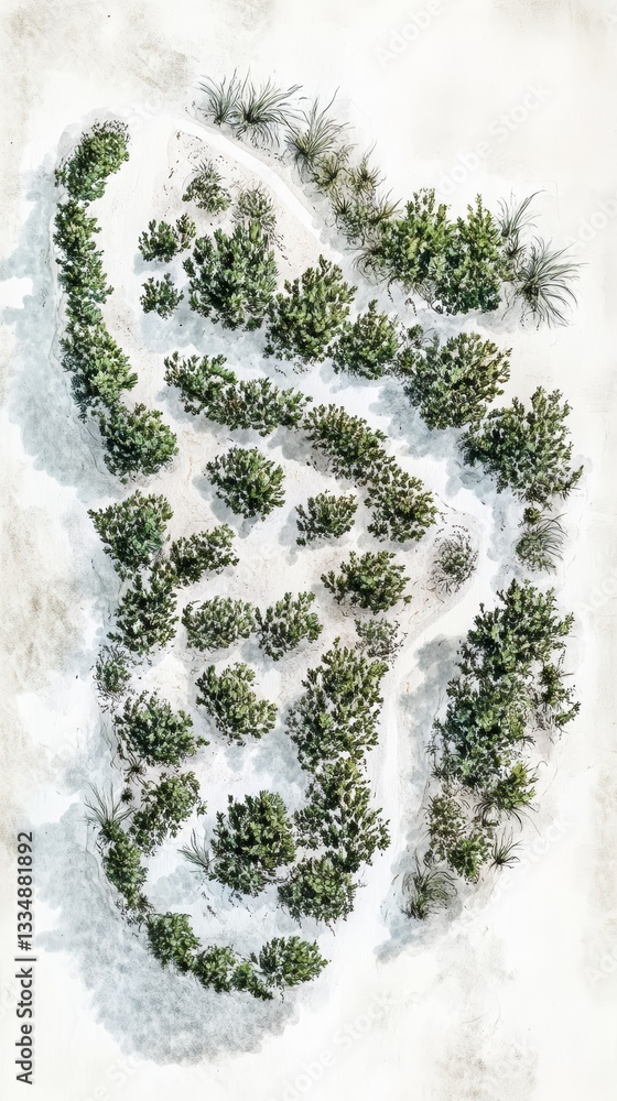 Poster overhead view of meticulously arranged green bushes and grassy plants creating a textured natural pa