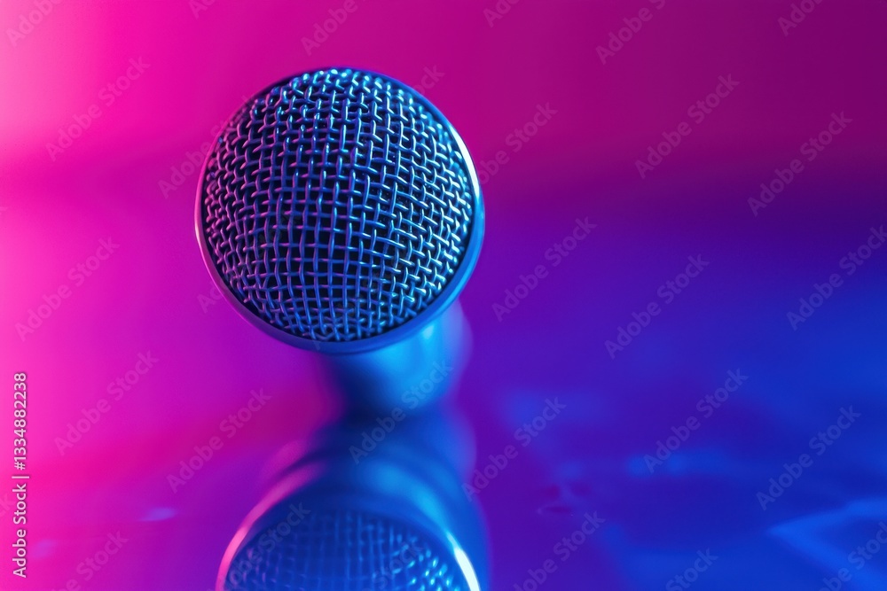 Poster a close-up studio shot of a dynamic microphone reflecting colorful purple and blue lights, used in p
