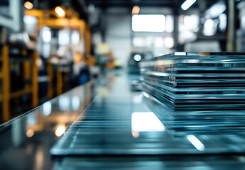 A glass table is prominently featured in the foreground, displaying neatly stacked glass sheets. The manufacturing facility is well-lit, showcasing an organized workspace