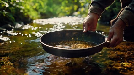 Gold Panning in a River, Searching for Treasure