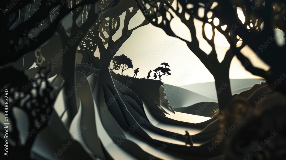 Poster paper-cut layered landscape with group of figures on a hilltop, silhouetted trees and dreamy atmosph