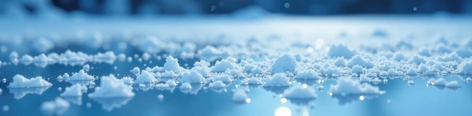 Smooth ice surface with scattered ice crystals and a few snowflakes in the background, ice crystals, icy calm, winter scenery
