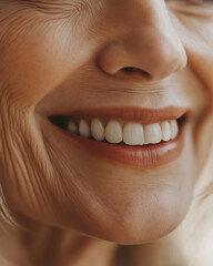 Elderly woman smiling with genuine joy against a natural backdrop  