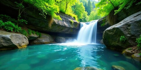 Crystal clear river flowing through a waterfall, waterfall, green