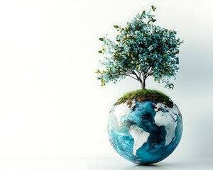 A globe with a tree growing out of it against a white background.