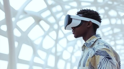 Young man wearing virtual reality headset exploring augmented reality