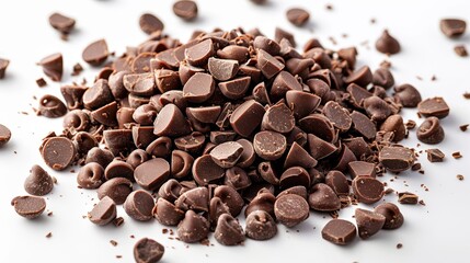 Obraz premium Pile of delectable chocolate chips on a pristine white surface, perfect for baking and dessert imagery that entices viewers, and sparks sweet cravings.