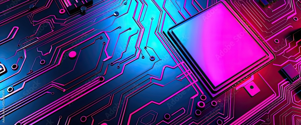 Poster a futuristic server powered by a printed circuit board, processing complex codes. set against a vibr