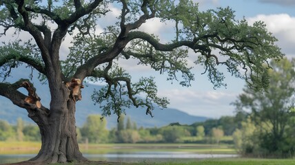 Majestic Tree Framed by Serene Lake and Distant Mountains