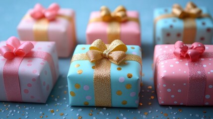 Colorful wrapped gifts on blue with gold confetti background