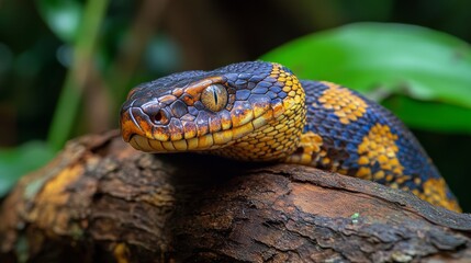 Brightly colored snake resting on a log in a lush rainforest environment