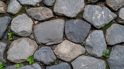 Gray Cobblestone Pavement Texture With Green Plants