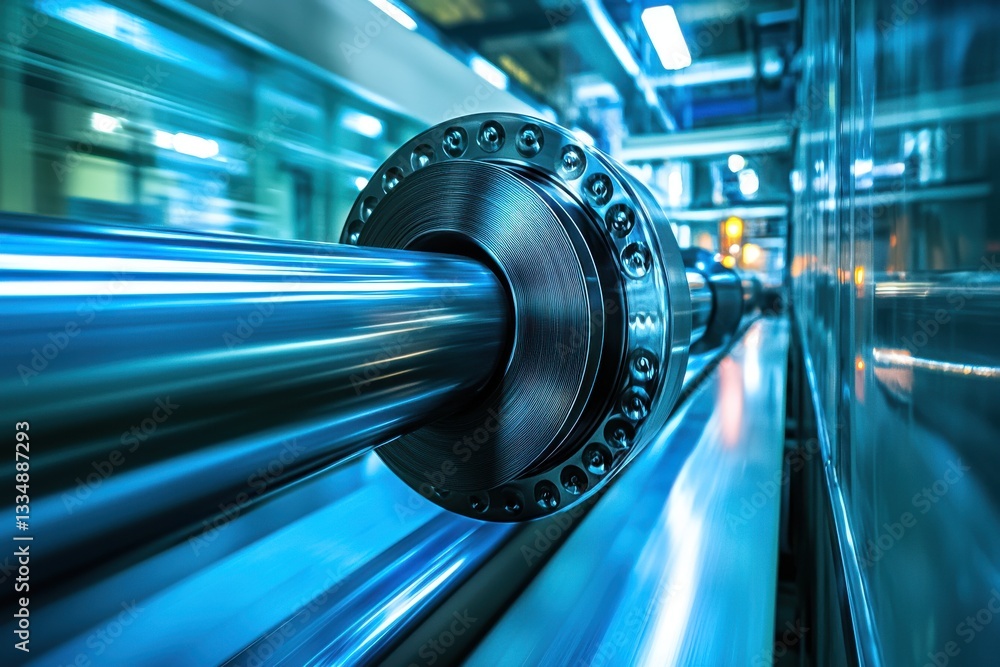 Poster a detailed shot of a high-speed industrial machine part, showcasing engineering precision with a vib