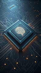 AI Brain Circuit Board Close-Up: High-Tech Image of Glowing Chip Connectors & Intricate Circuitry in Cool Blue & Gray Tones..