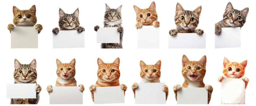 Cute cartoon cats, holding blank signs, diverse cat breeds, expressive feline faces, no background, digital illustration style, anthropomorphic animals, funny cat portraits, cat memes, colorful cats