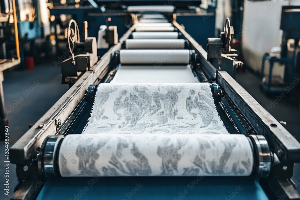 Poster a close-up view of a fabric printing machine in operation, showcasing the textile industry, featurin