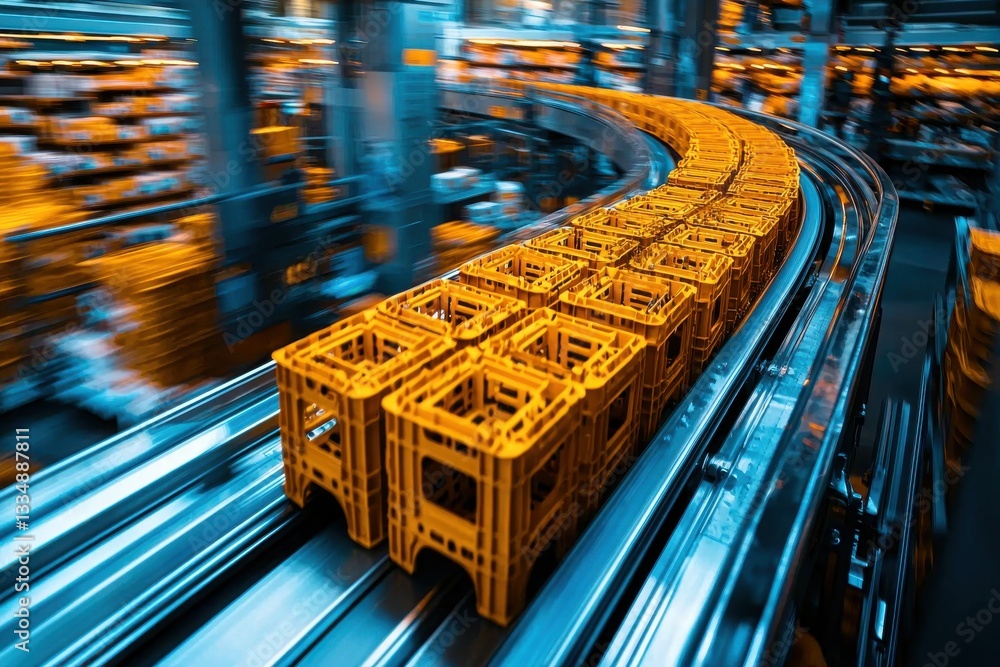 Poster a high-speed conveyor system transporting yellow crates in a distribution center, showcasing logisti