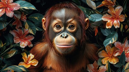 Obraz premium Adorable Baby Monkey Surrounded by Vibrant Tropical Flowers in Lush Greenery
