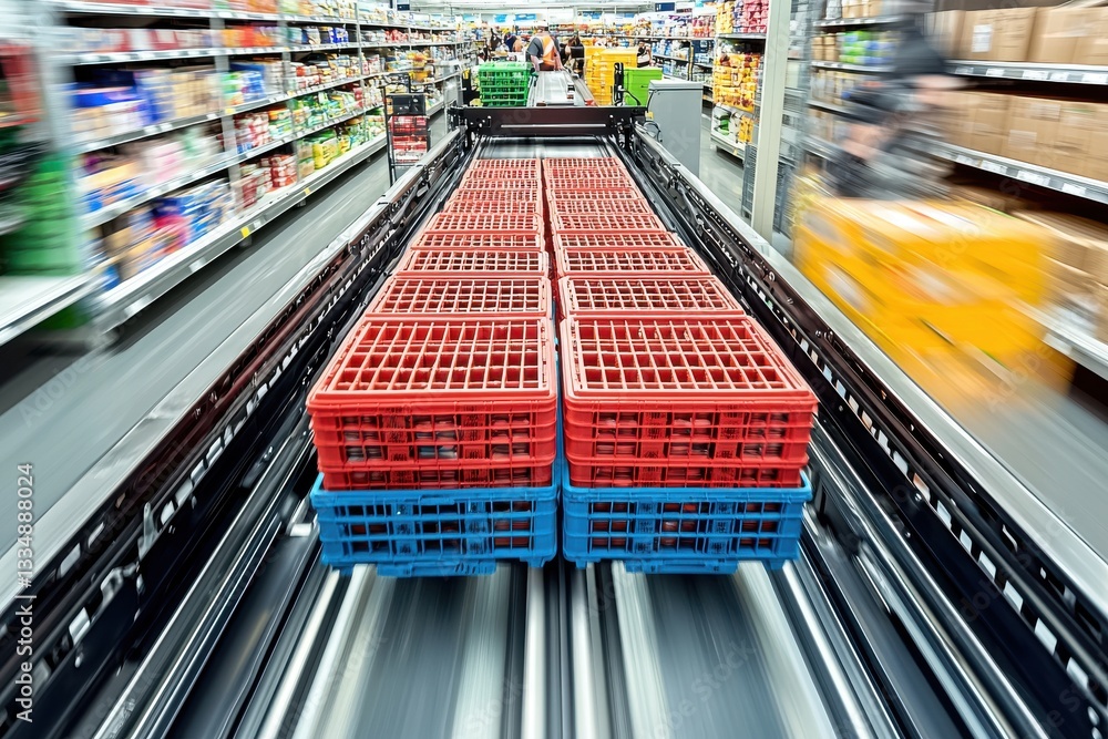 Poster automated conveyor belt system carrying stacks of red and blue crates through a grocery store aisle,