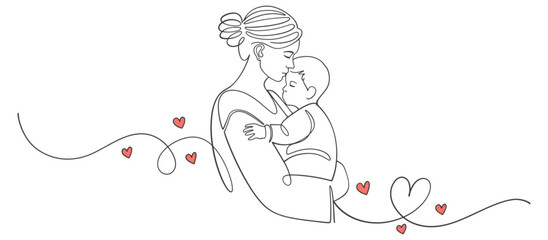 Mother and kids line art style vector illustration, mothers day celebration illustration