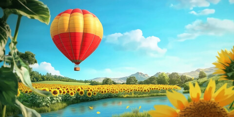Fototapeta premium Hot air balloon over sunflower fields and river on a sunny day