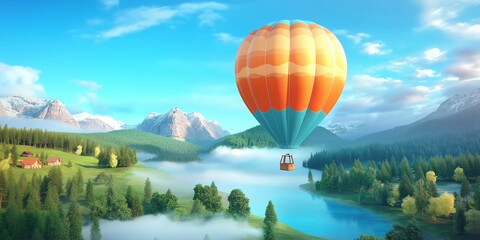 Naklejka premium Orange hot air balloon soars over scenic misty valley and snow-capped mountains