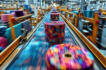 A dynamic industrial setting with vibrant textile spools moving along a conveyor belt, illustrating automated manufacturing and production processes in a large factory environment.