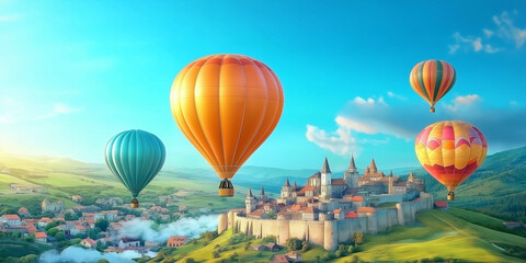 Obraz premium Colorful hot air balloons soar above medieval castle and scenic landscape