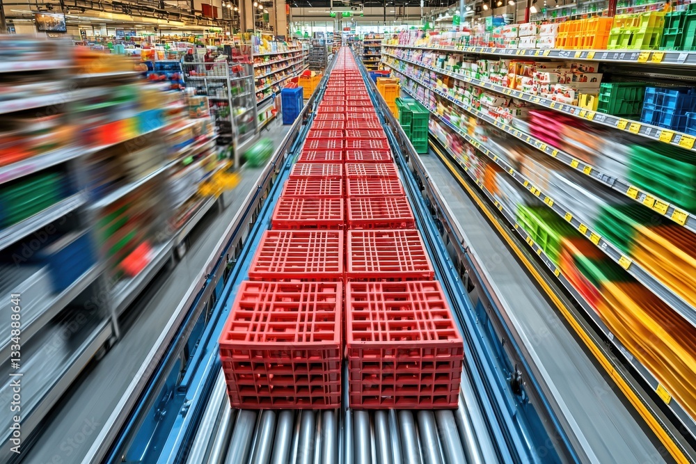 Poster automated grocery distribution with red crates on conveyor system amid blurred supermarket aisles em