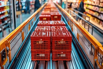 A long line of red plastic crates on a conveyor belt in a supermarket or warehouse, symbolizing logistics and distribution of goods to retail outlets.