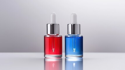 Striking contrast, two bottles filled with vibrant red and blue liquids two