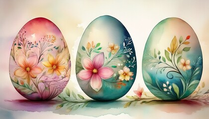 Soft-focus watercolor illustration of three Easter eggs adorned with delicate hand-painted floral details, blending pastel tones and springtime charm for a gentle festive design.