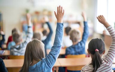 Attending school concept,cheerful kids in school in classroom giving attendance