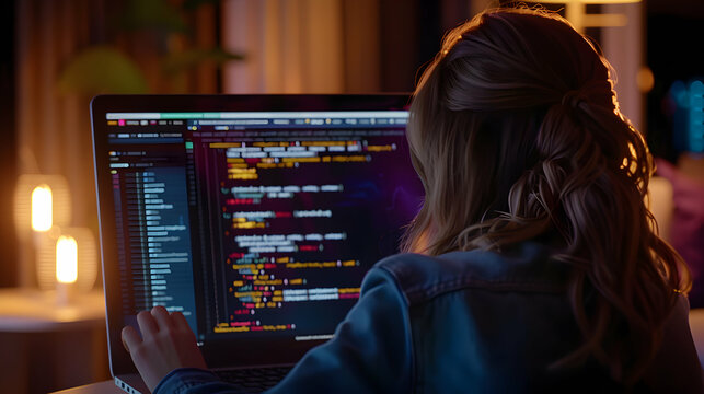 Student engages in an online programming course at night while working on a laptop with colorful code displayed on the screen