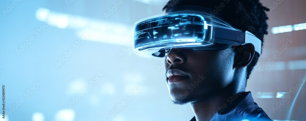 Poster an individual is using a virtual reality headset looking into the distance