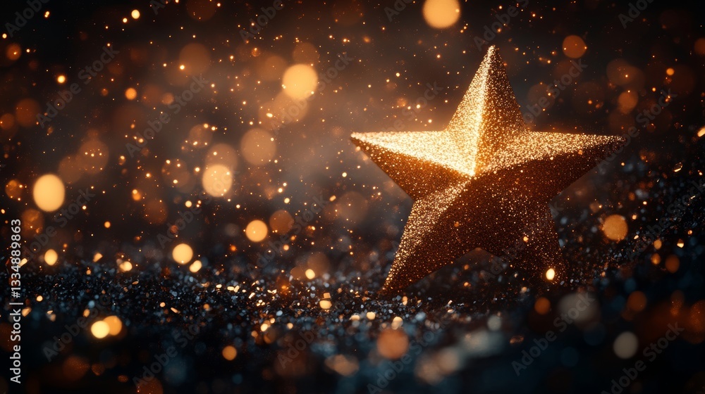 Poster radiant golden star ornament resting elegantly on a dark textured surface, illuminated by soft bokeh
