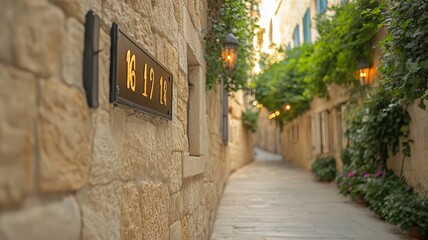 Sunlit Stone Alleyway with Greenery and Numbered Plaque