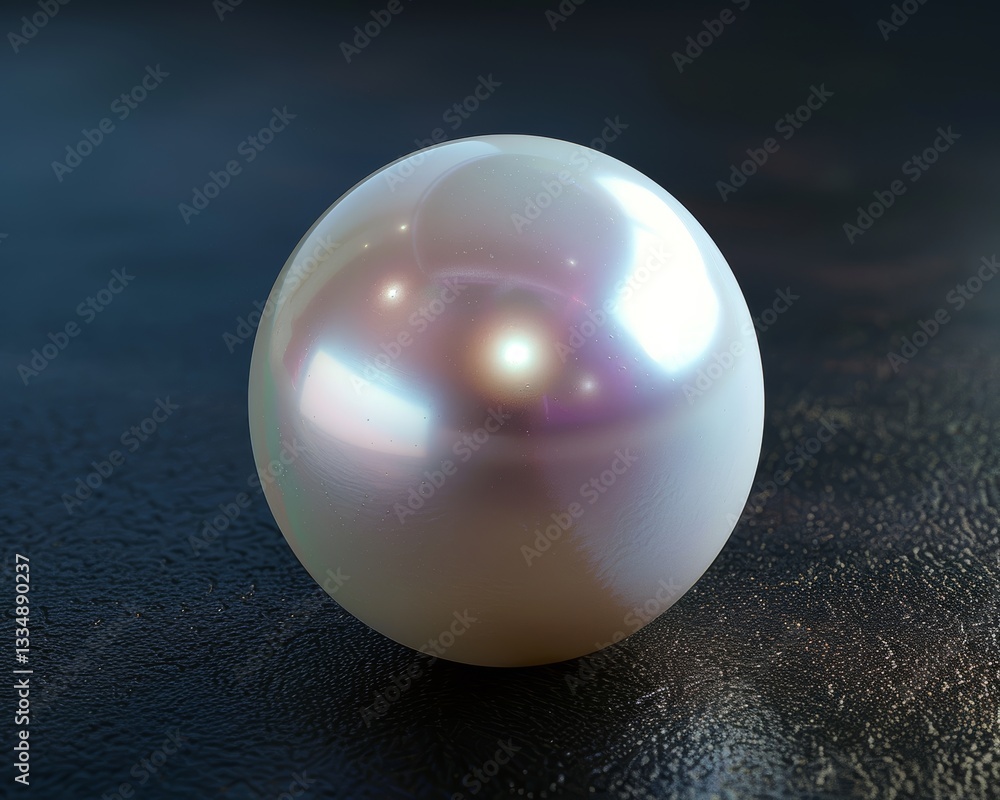 Poster radiant orb reflecting light on dark surface, an elegant sphere with iridescent sheen creating soft 
