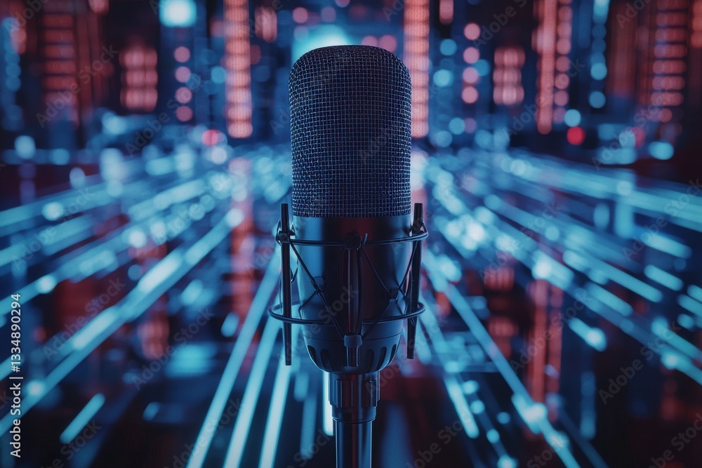 Poster a professional microphone stands poised against a vibrant, abstract cityscape background, creating a