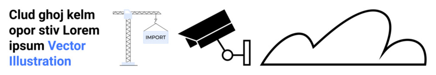 Crane lifting weight, security camera, graduation cap, and cloud shape for innovation, learning, monitoring, construction, logistics, data storage project management and simple landing page