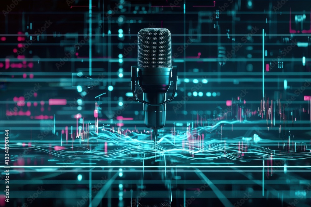 Aufkleber futuristic studio microphone with dynamic audio waveforms and digital data, representing high-tech r