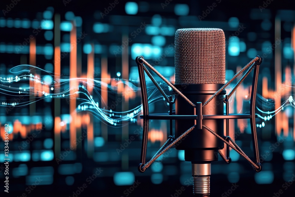 Poster professional studio microphone with vibrant audio waves and digital effects, showcasing high-quality