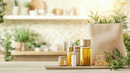 Eco friendly reusable shopping bag with fresh aromatic herbs and natural beauty products displayed on wooden table in sunlit kitchen