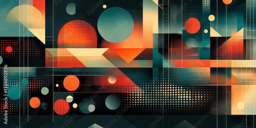 Poster geometric abstract composition features colorful shapes and layered elements