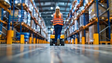 Rear view of a female warehouse worker operating a forklift amidst tall aisles of shelves stocked with goods, ensuring efficient inventory management and smooth supply chain operations